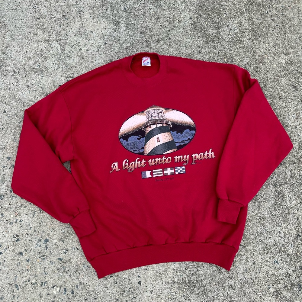 Vintage 90s Jesus lighthouse crewneck red palms 119:105 a light into my path